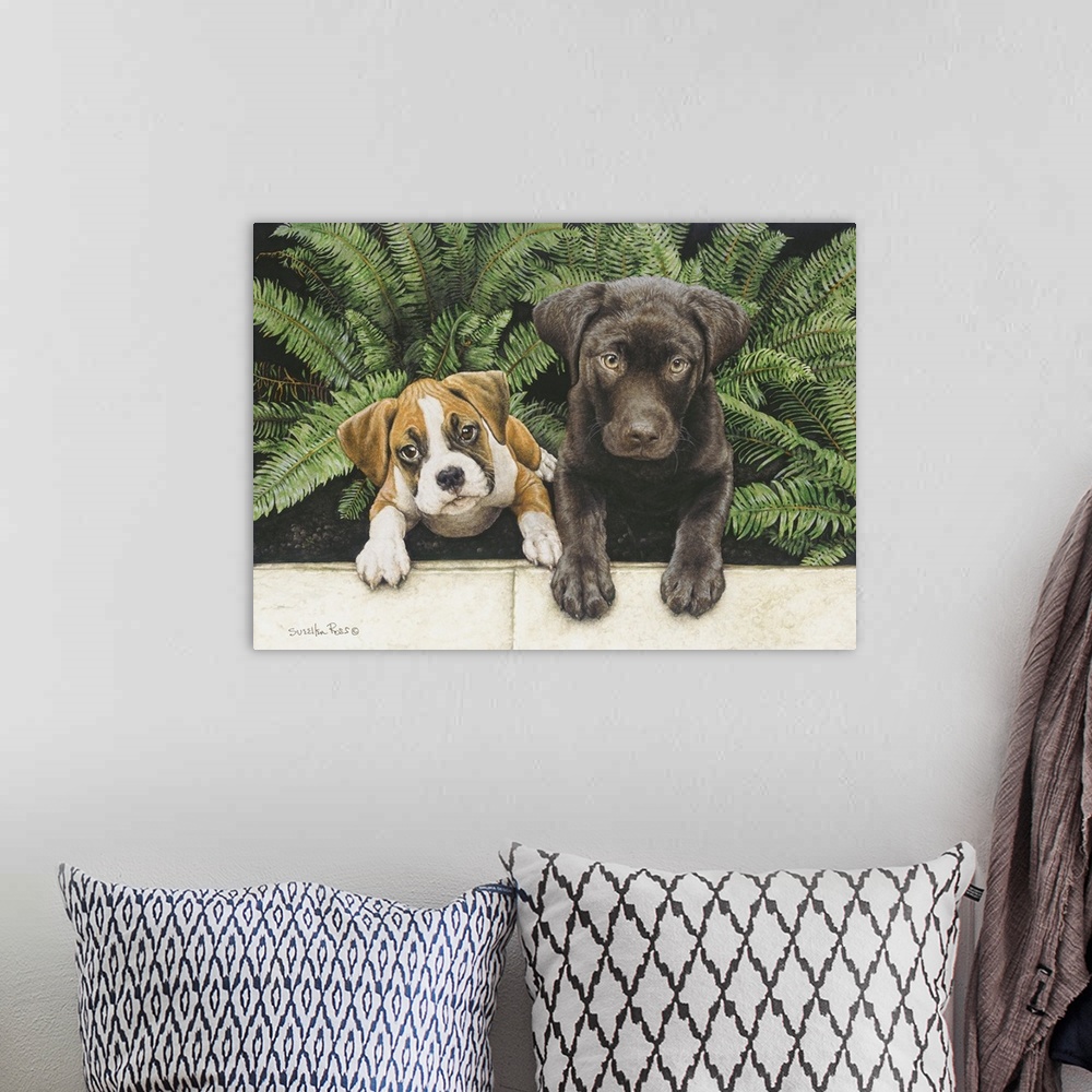 A bohemian room featuring An image of two dogs sitting in a bed of ferns.