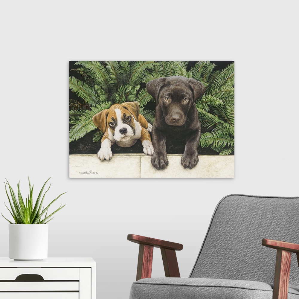 A modern room featuring An image of two dogs sitting in a bed of ferns.
