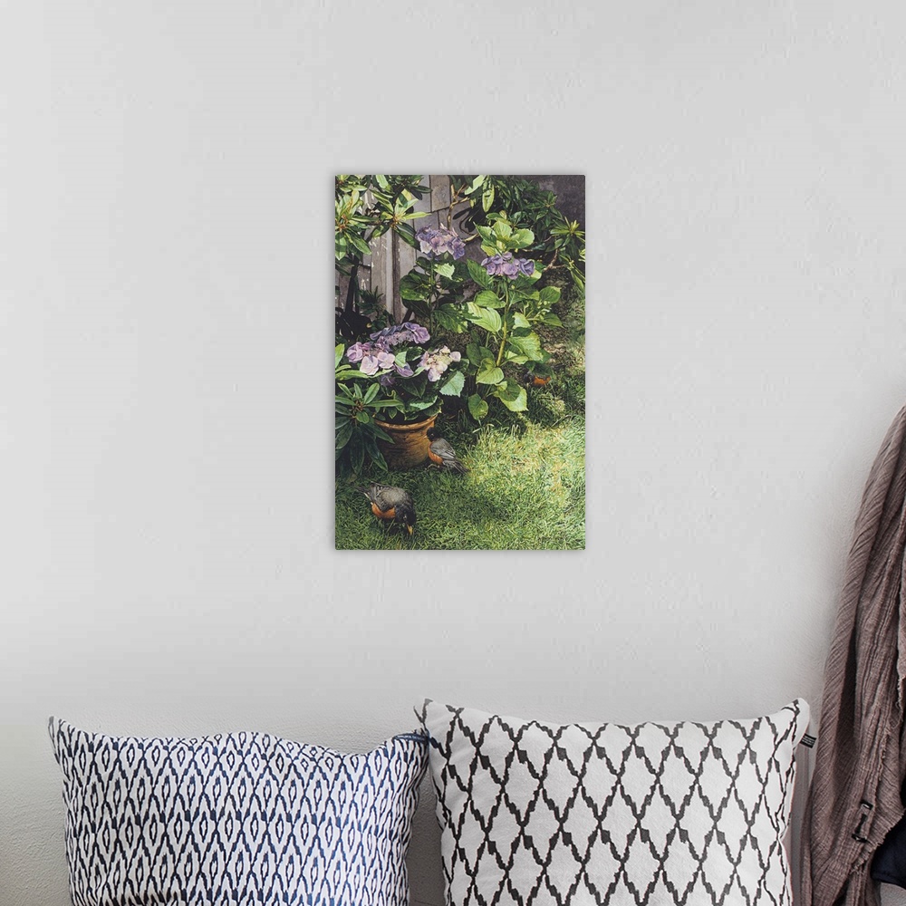 A bohemian room featuring Vertical image of birds wandering near purple hydrangeas in a garden.