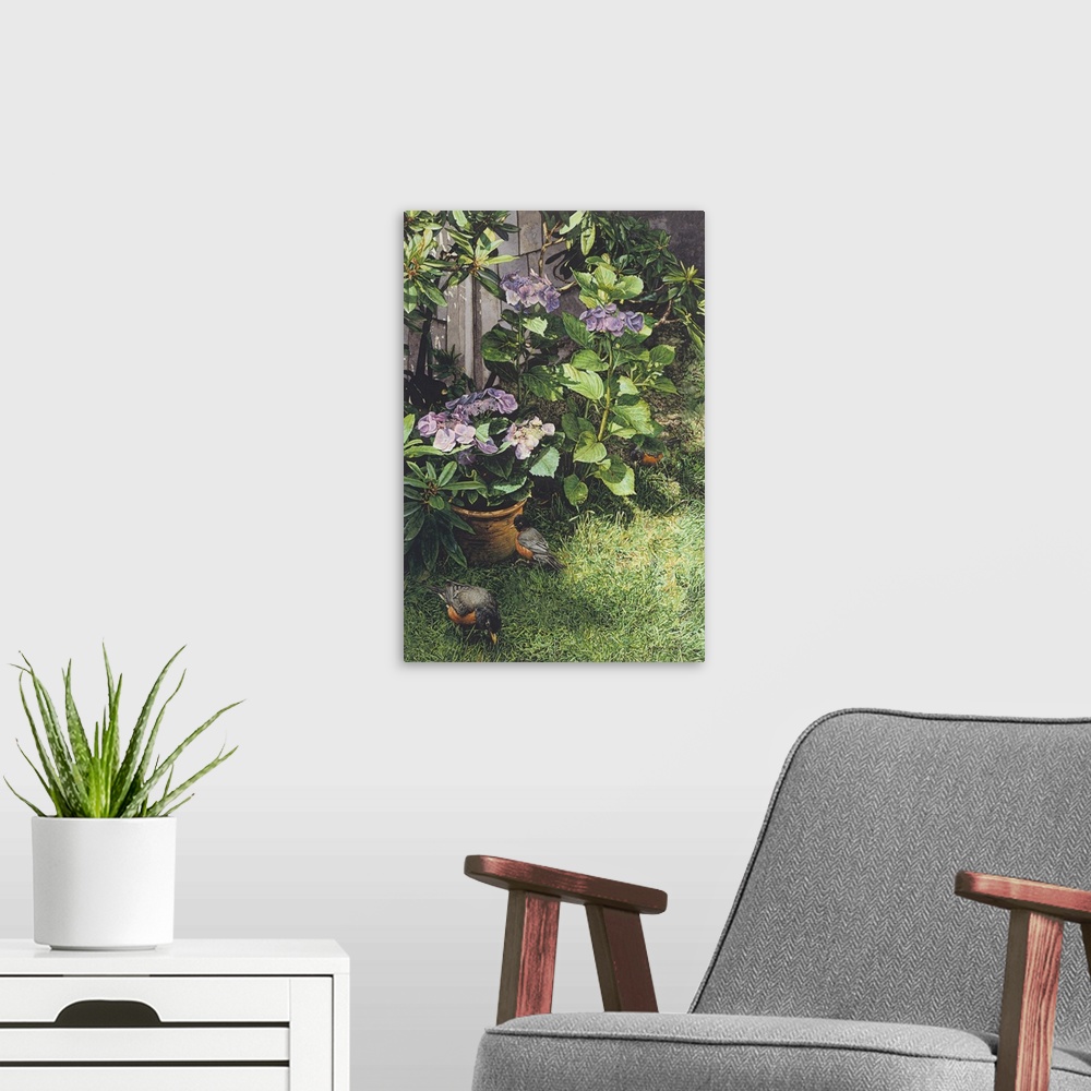 A modern room featuring Vertical image of birds wandering near purple hydrangeas in a garden.