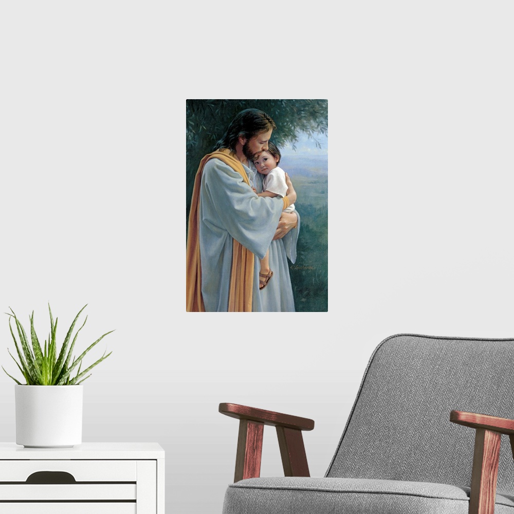 A modern room featuring Painting of Jesus holding a small child in his arms.
