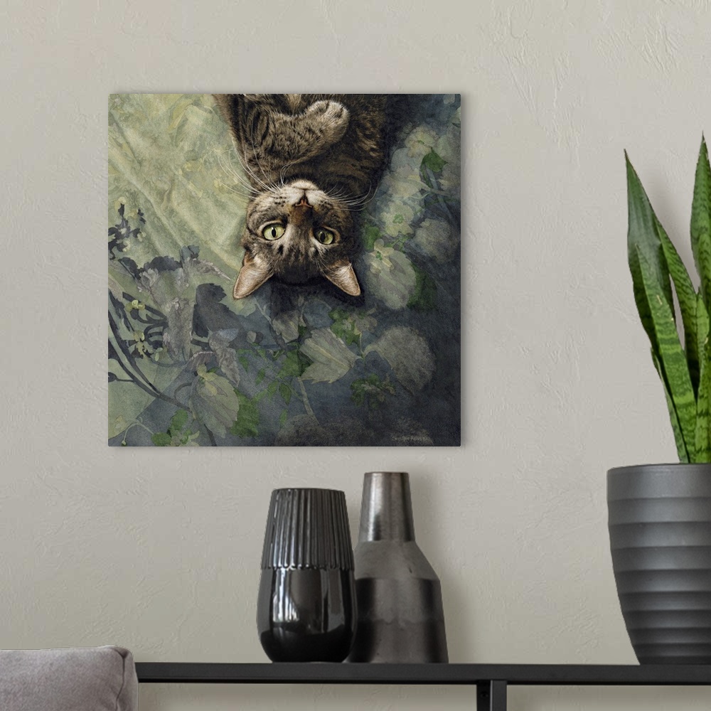 A modern room featuring A square image of a tabby cat laying on her back against a floral blanket.