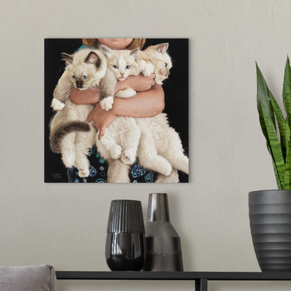 A modern room featuring An adorable image of a child holding three white fluffy kittens.