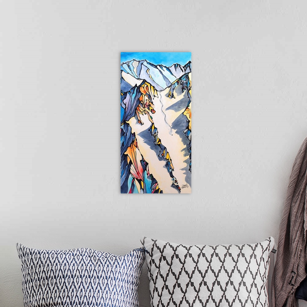 A bohemian room featuring A bright contemporary painting of a single skier carving down a mountain valley, with bright colo...