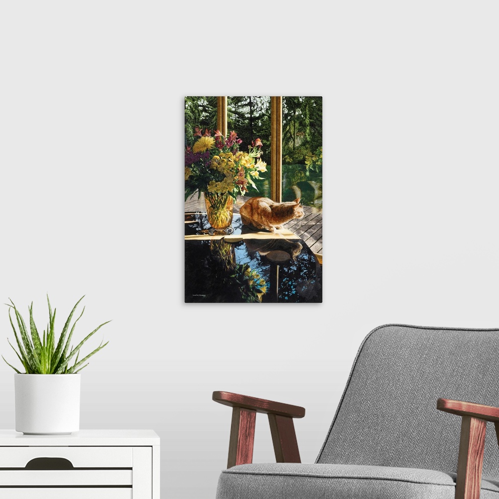A modern room featuring A vertical image of a yellow tabby cat sitting on a table next to a vase of flowers will looking ...