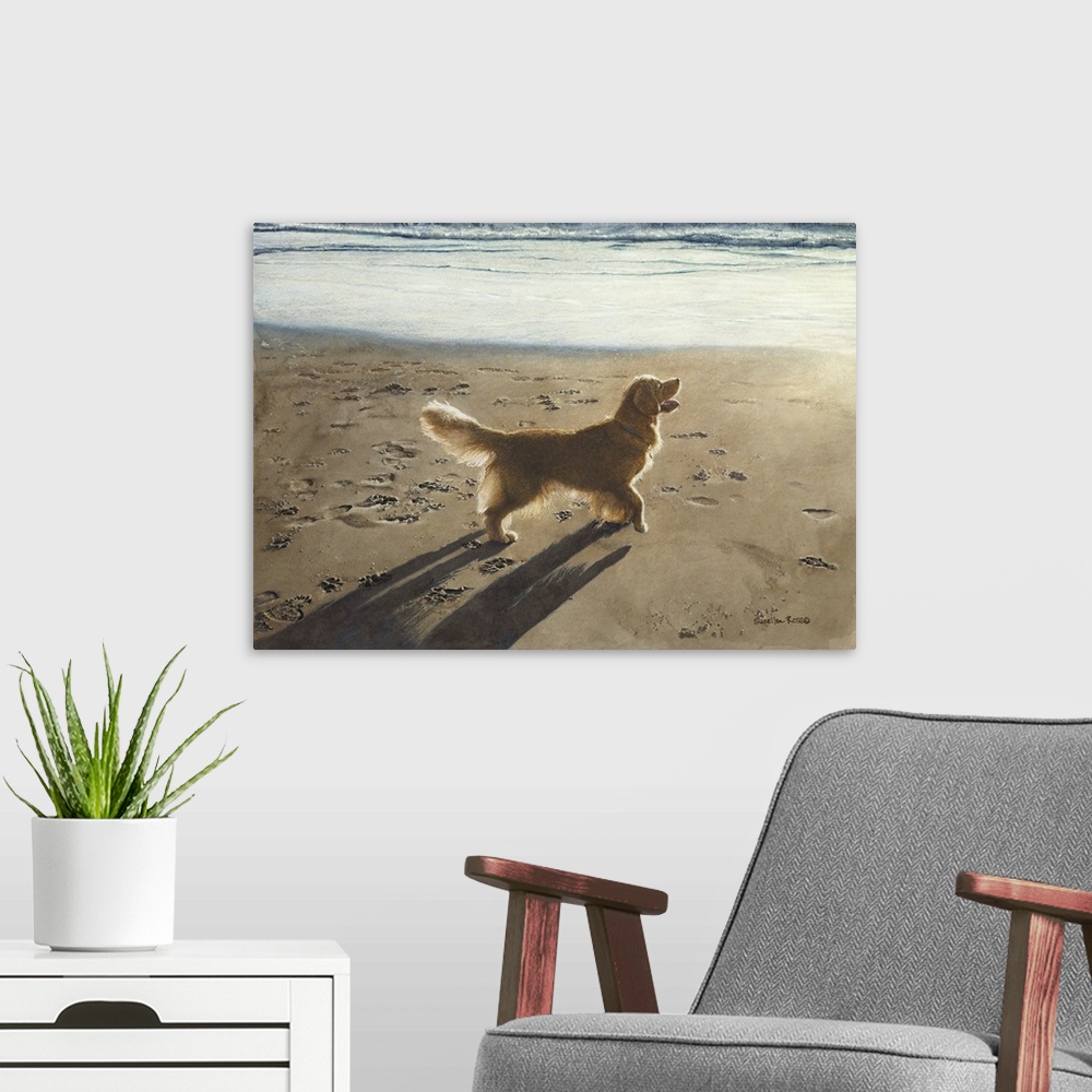 A modern room featuring A horizontal image of a yellow lab walking in the sand along the beach.