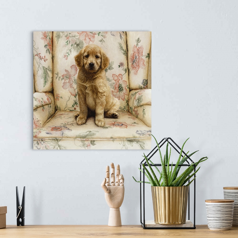 A bohemian room featuring A square image of a yellow lab puppy sitting on a floral chair.