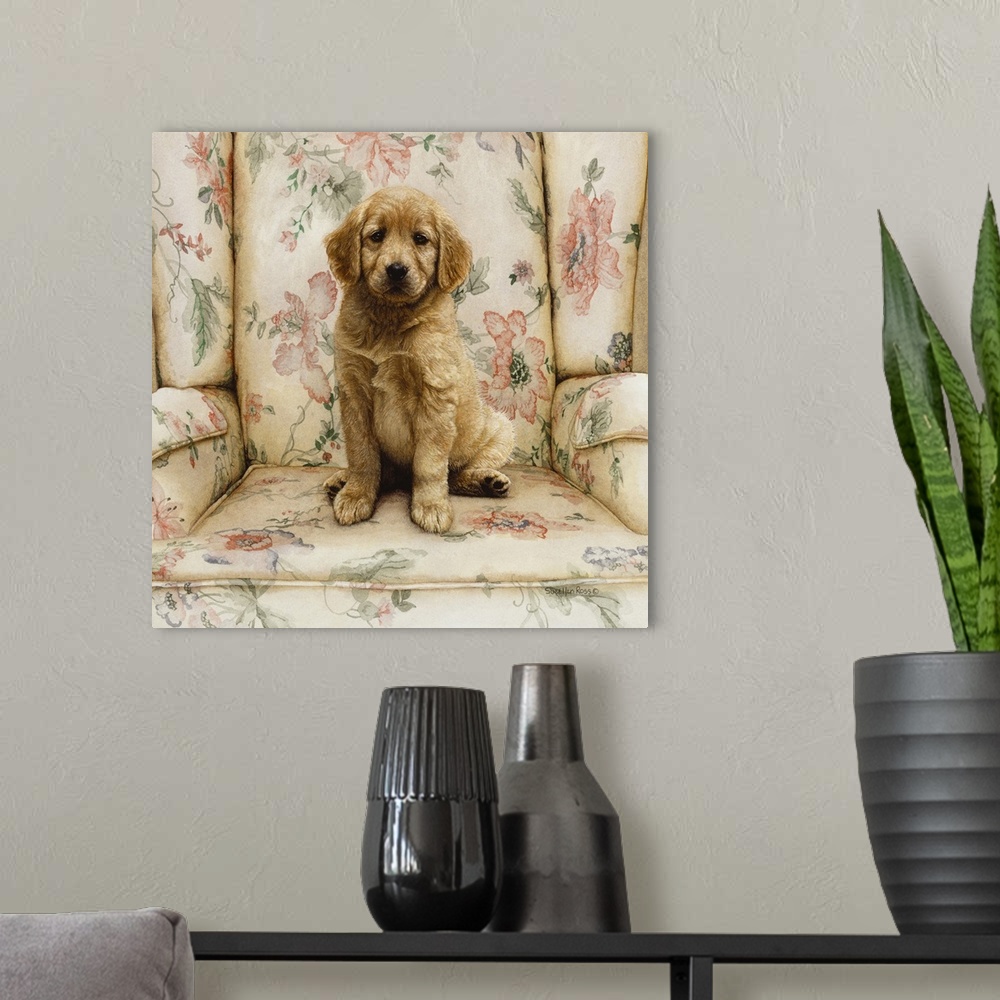 A modern room featuring A square image of a yellow lab puppy sitting on a floral chair.