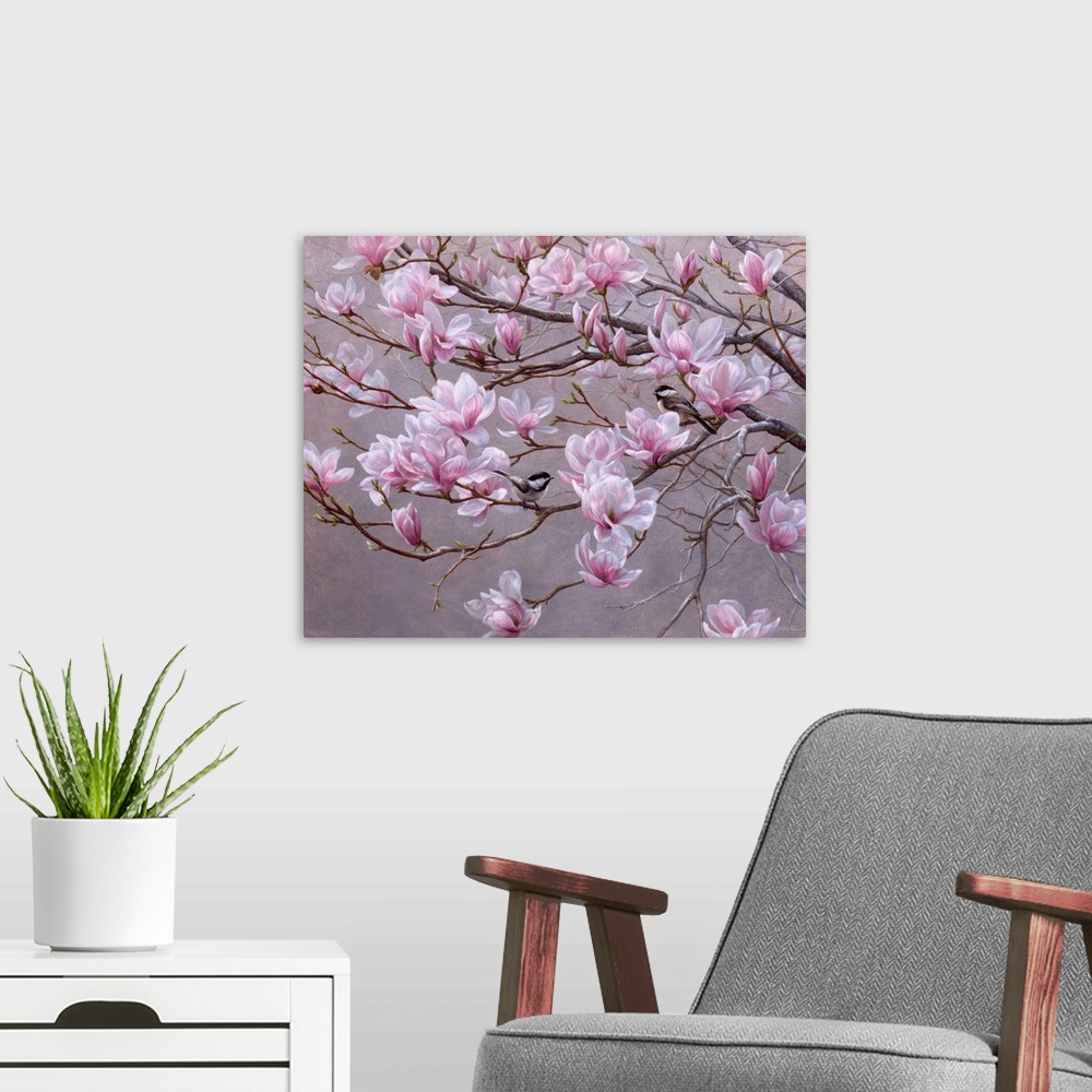 A modern room featuring A pretty, traditional painting of magnolia (magnolia soulangeana) blossoms in full bloom  with tw...