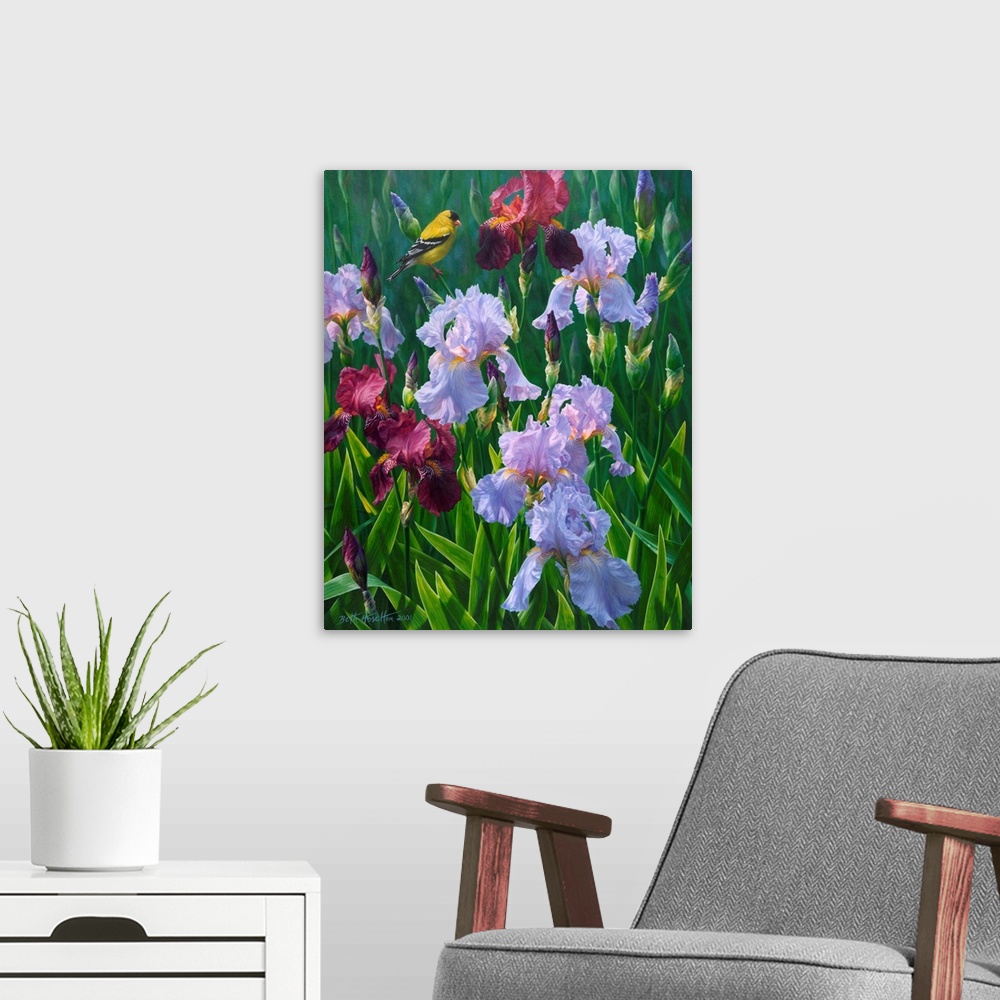 A modern room featuring Spring Glory - American Goldfinch And Irises