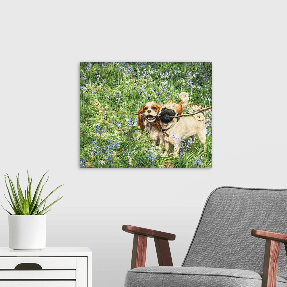 A modern room featuring A cute image of two dogs sharing a stick in a field of wild flowers.