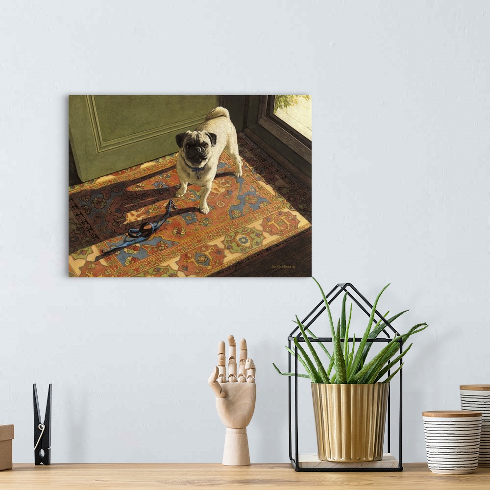 A bohemian room featuring Image of a pug waiting with a leash, at the front door, for his owner to go on a walk.