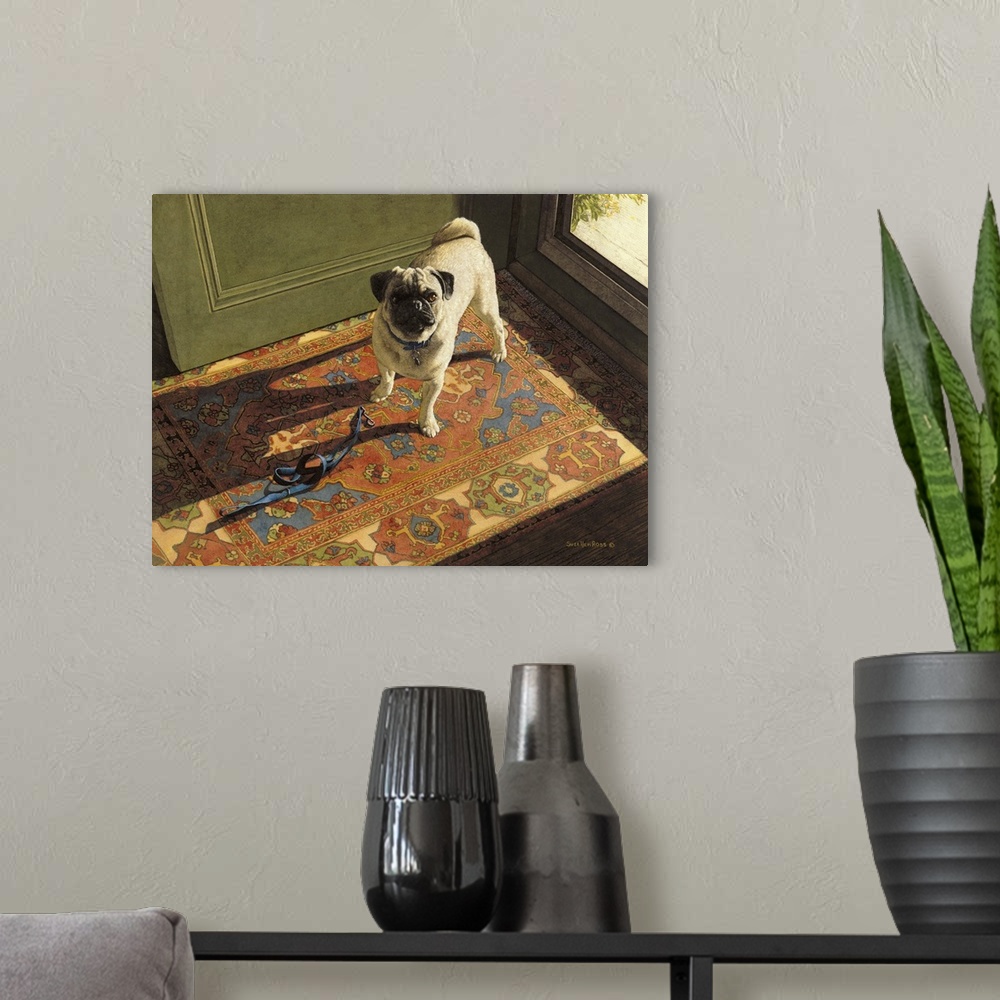 A modern room featuring Image of a pug waiting with a leash, at the front door, for his owner to go on a walk.