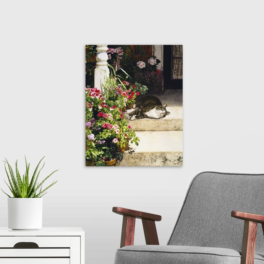 A modern room featuring A vertical image of a tabby cat laying on a porch covered with flowers.