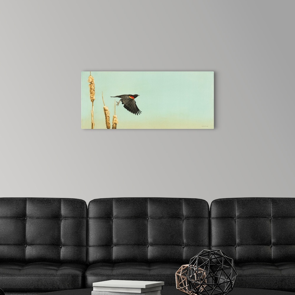 A modern room featuring A horizontal image of a bird starting to take flight for a cattail.