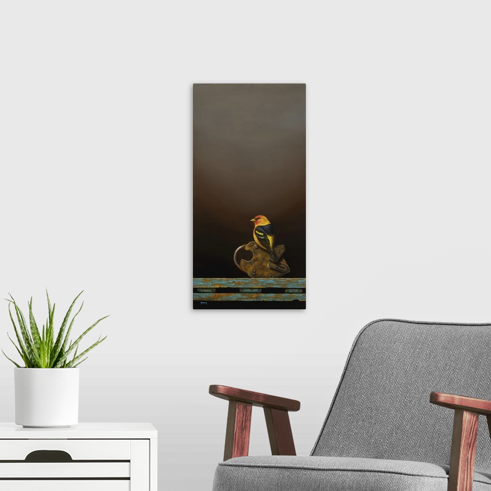 A modern room featuring The Bird That Came At Dusk