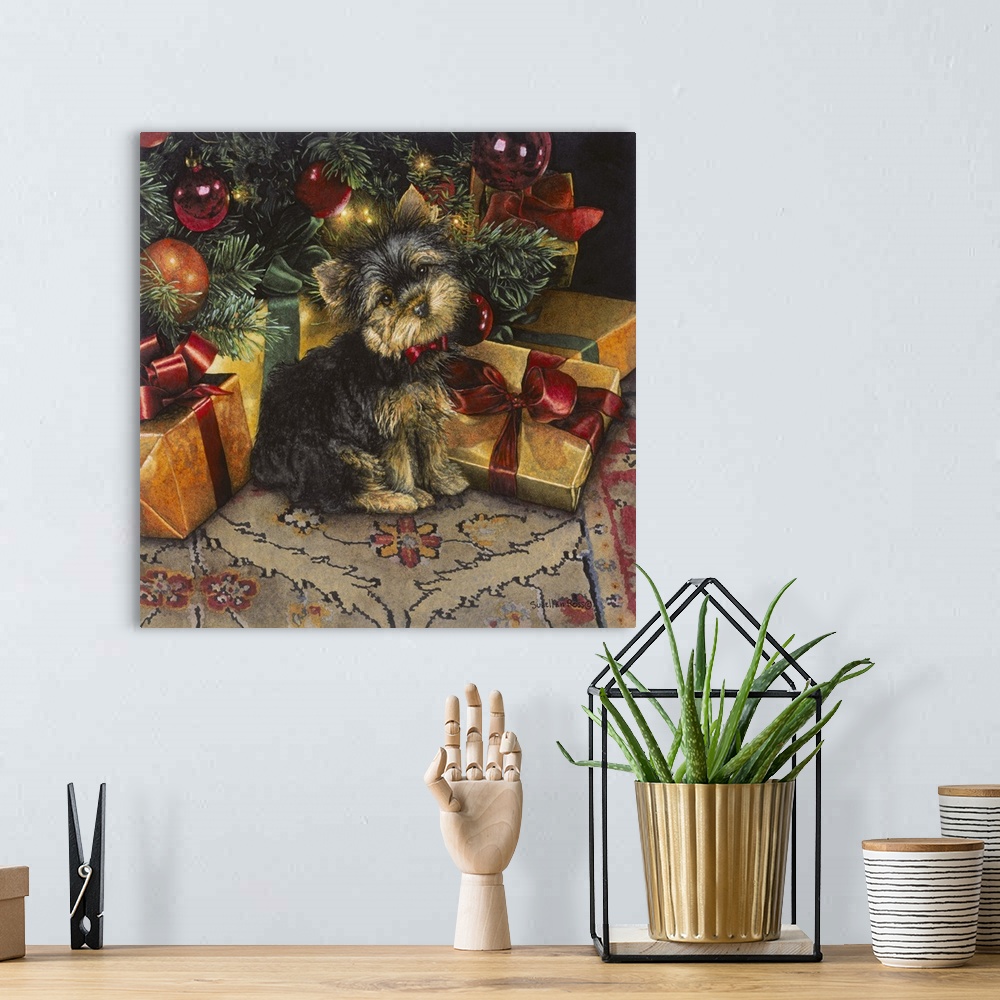 A bohemian room featuring Square image of a puppy sitting among presents underneath a Christmas tree.