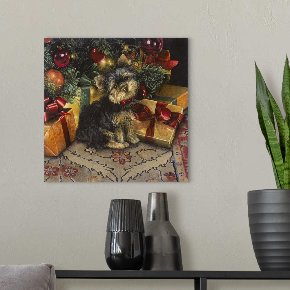 A modern room featuring Square image of a puppy sitting among presents underneath a Christmas tree.