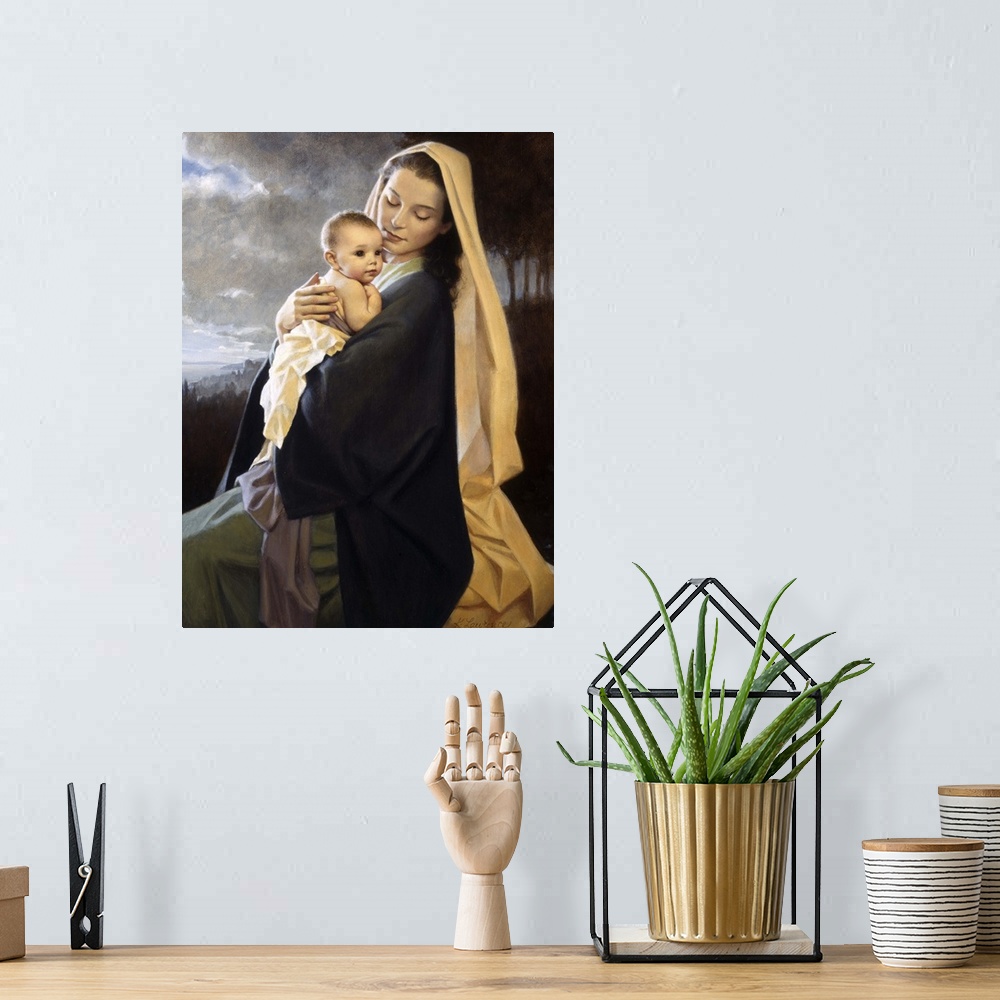 A bohemian room featuring Portrait painting on a large wall hanging of Mary holding onto baby Jesus as He looks over her sh...