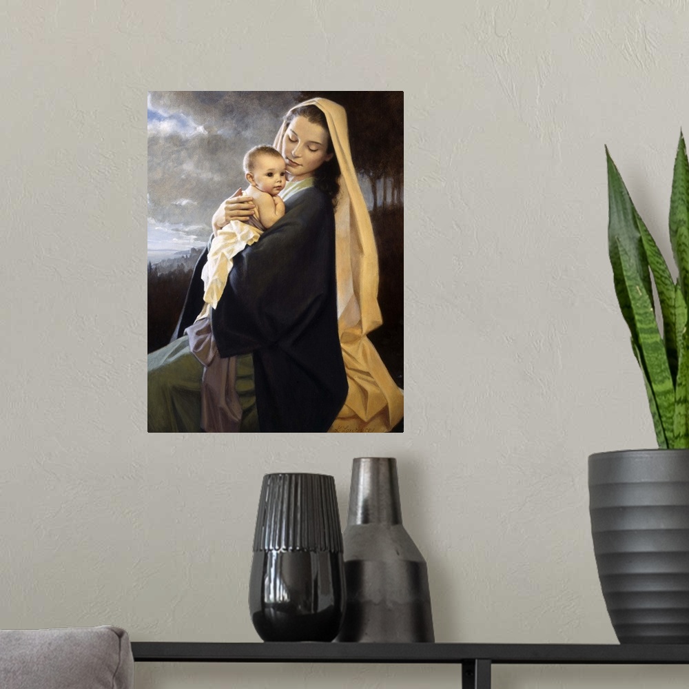 A modern room featuring Portrait painting on a large wall hanging of Mary holding onto baby Jesus as He looks over her sh...