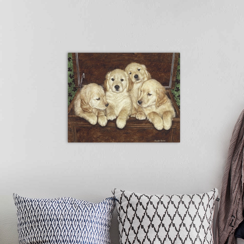 A bohemian room featuring An image of a wooden chest with four golden retriever puppies in it.