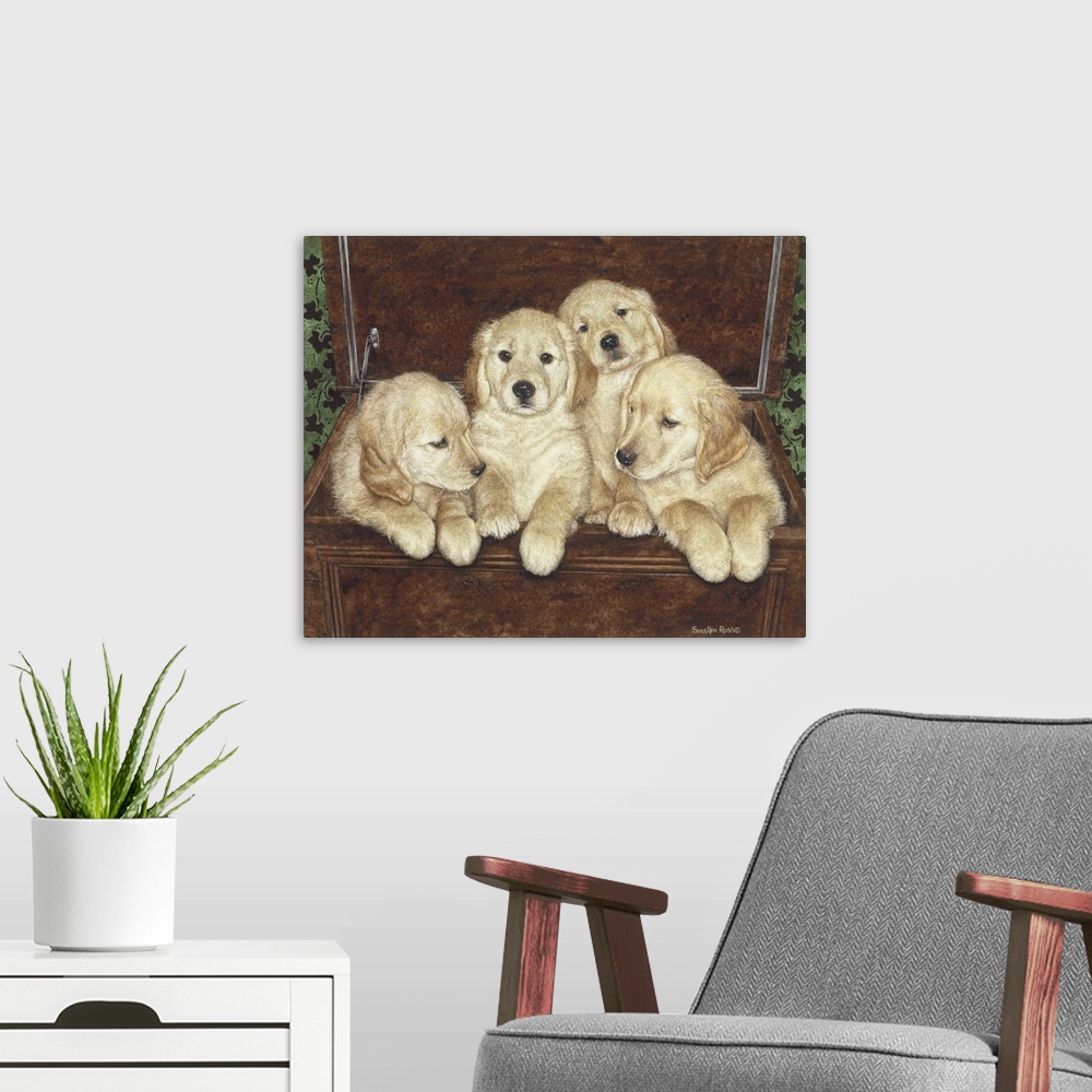 A modern room featuring An image of a wooden chest with four golden retriever puppies in it.