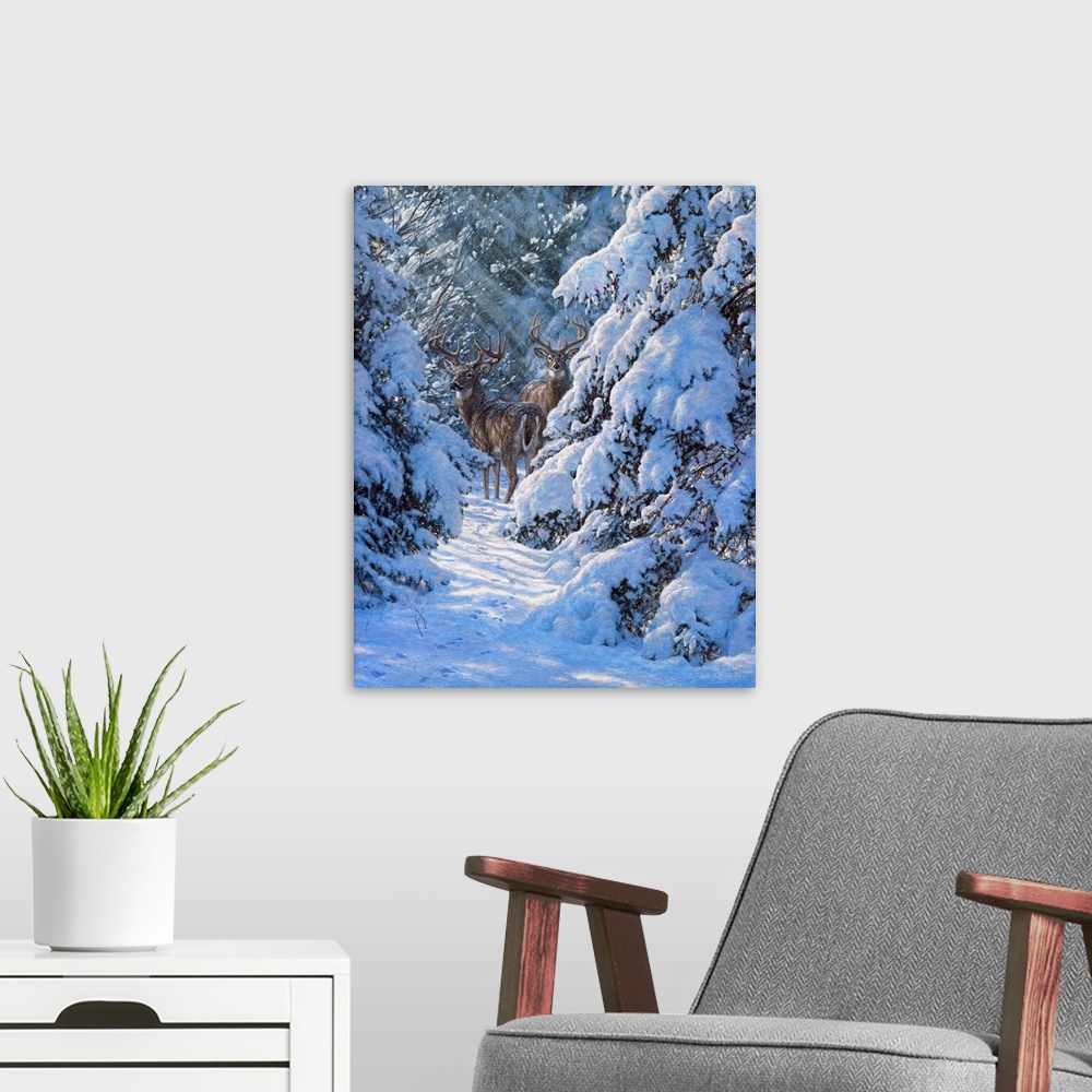 A modern room featuring Winter Sentinels - White Tailed Deer