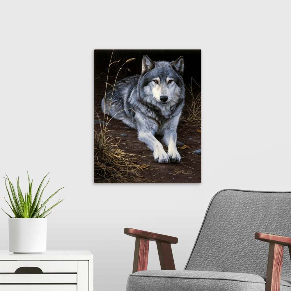 A modern room featuring Wolf Portrait