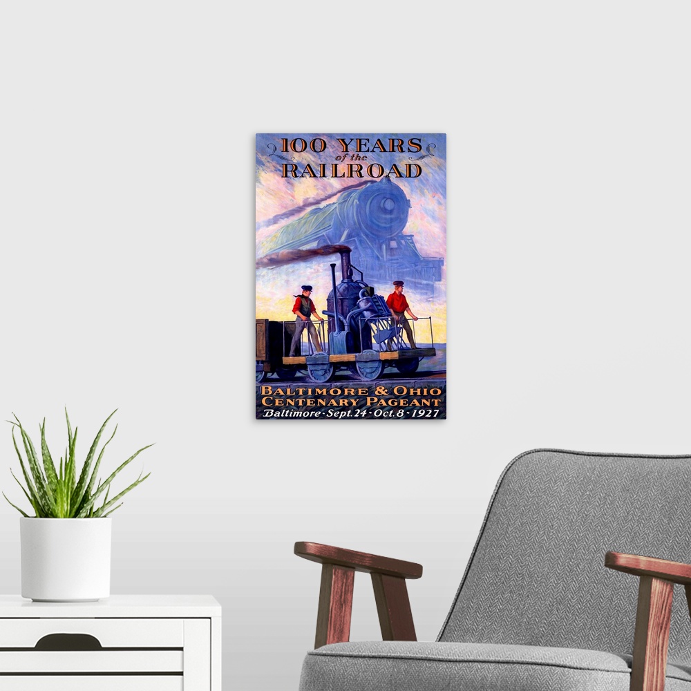 A modern room featuring Old print advertising anniversary of the locomotive industry.  There is an image of a train and a...