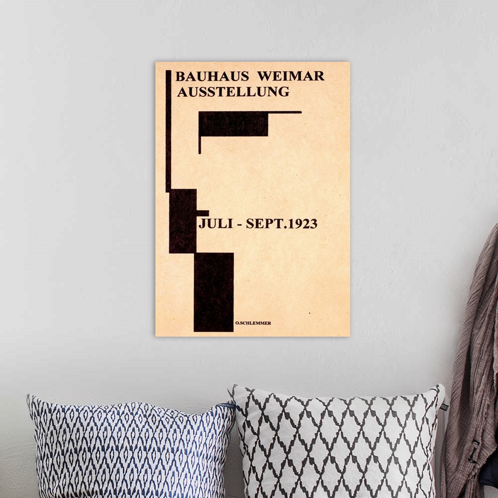A bohemian room featuring 1923 German Bauhaus Gallery Vintage Advertising Poster