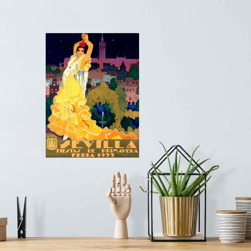 A bohemian room featuring 1933 Sevilla Fiesta Vintage Advertising Poster