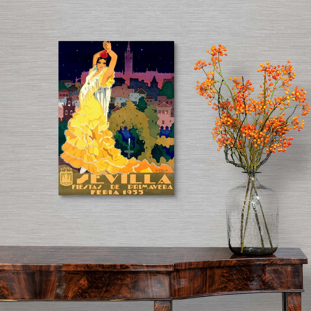 A traditional room featuring 1933 Sevilla Fiesta Vintage Advertising Poster
