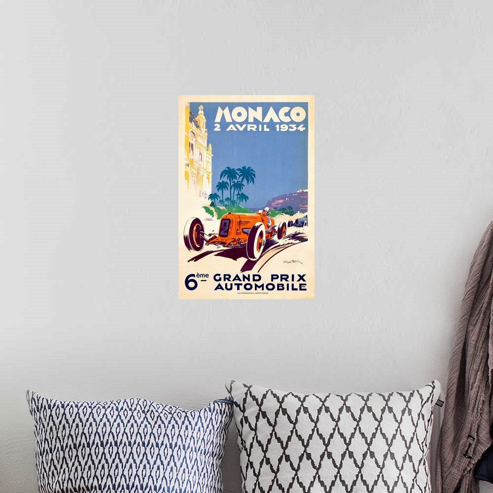 A bohemian room featuring Vintage Auto Poster, Monaco F1 Grand Prix