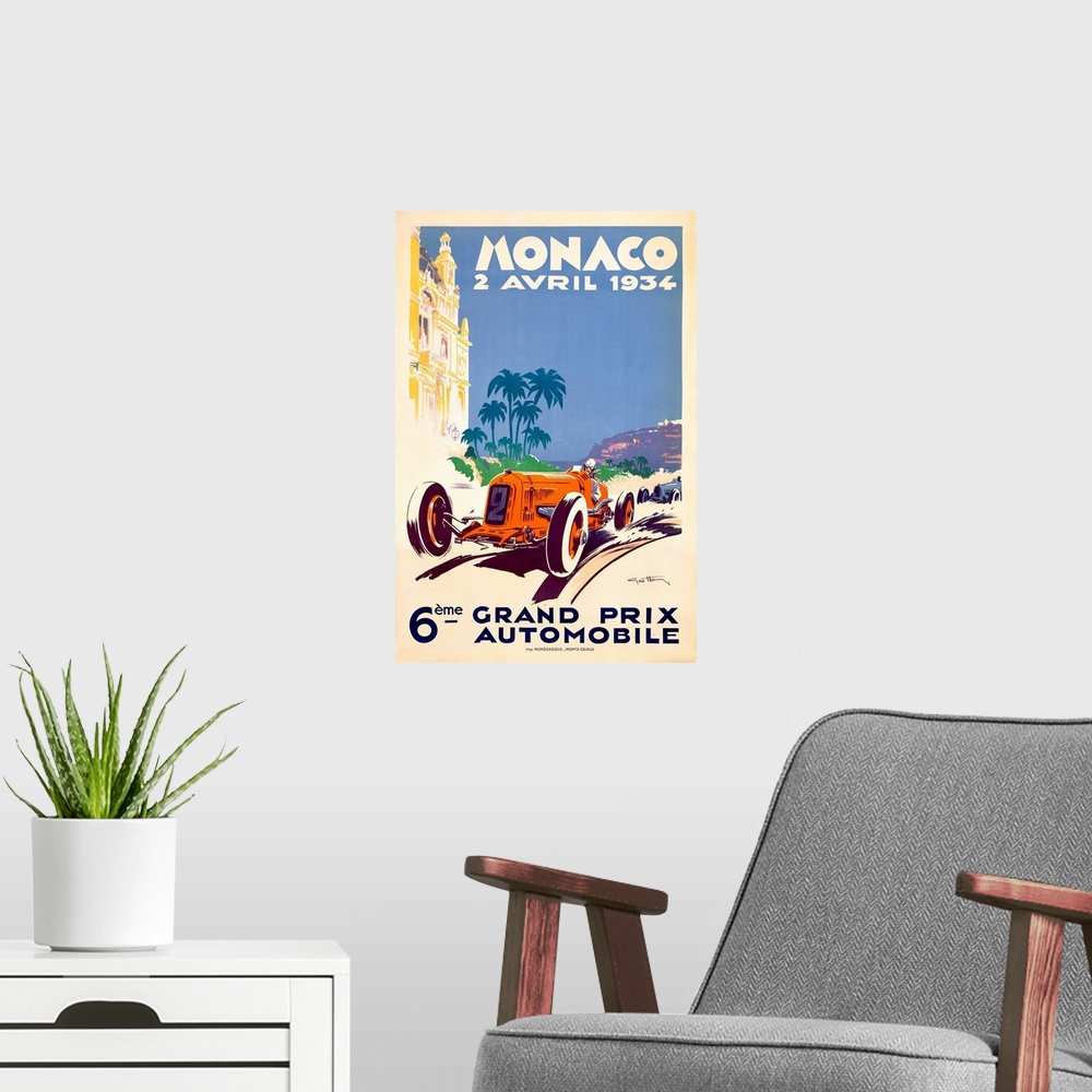 A modern room featuring Vintage Auto Poster, Monaco F1 Grand Prix