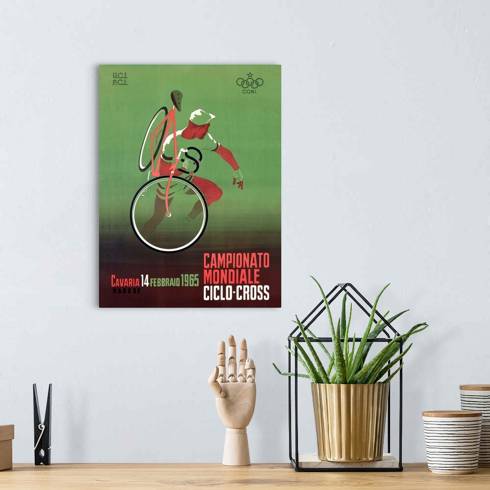 A bohemian room featuring 1965 Italian Bicycle Ciclo-Cross Vintage Advertising Poster