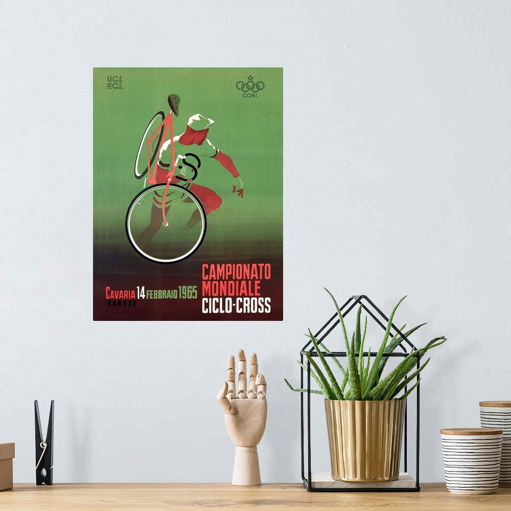 A bohemian room featuring 1965 Italian Bicycle Ciclo-Cross Vintage Advertising Poster