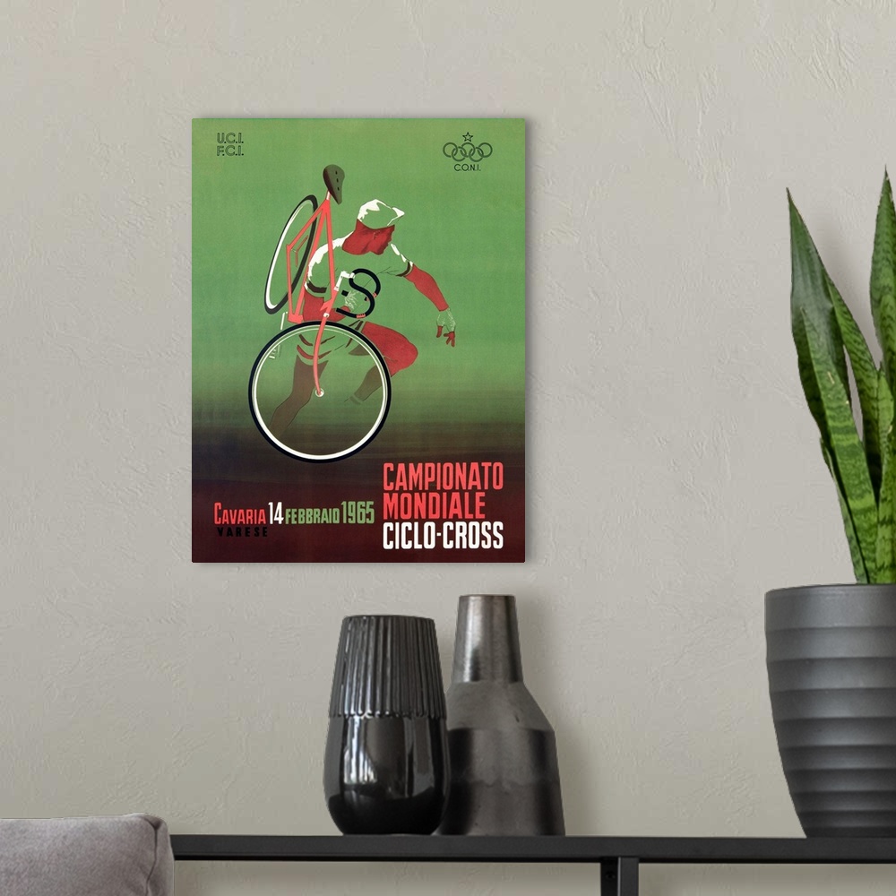 A modern room featuring 1965 Italian Bicycle Ciclo-Cross Vintage Advertising Poster