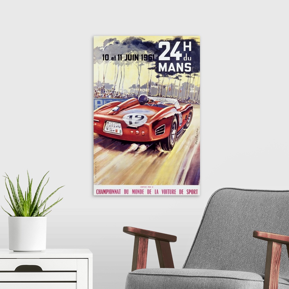 A modern room featuring Giant antique advertising art for a car racing world championship showcases an automobile driving...