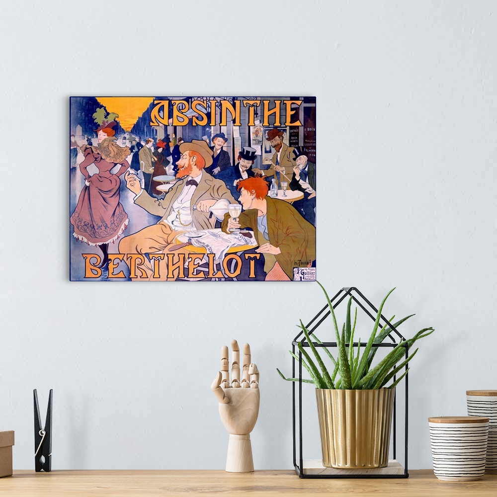 A bohemian room featuring Big canvas print of a cartoon poster of men drinking in the outside area of a restaurant looking ...