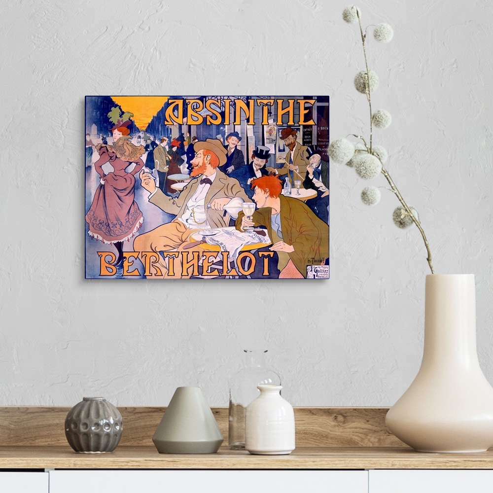 A farmhouse room featuring Big canvas print of a cartoon poster of men drinking in the outside area of a restaurant looking ...