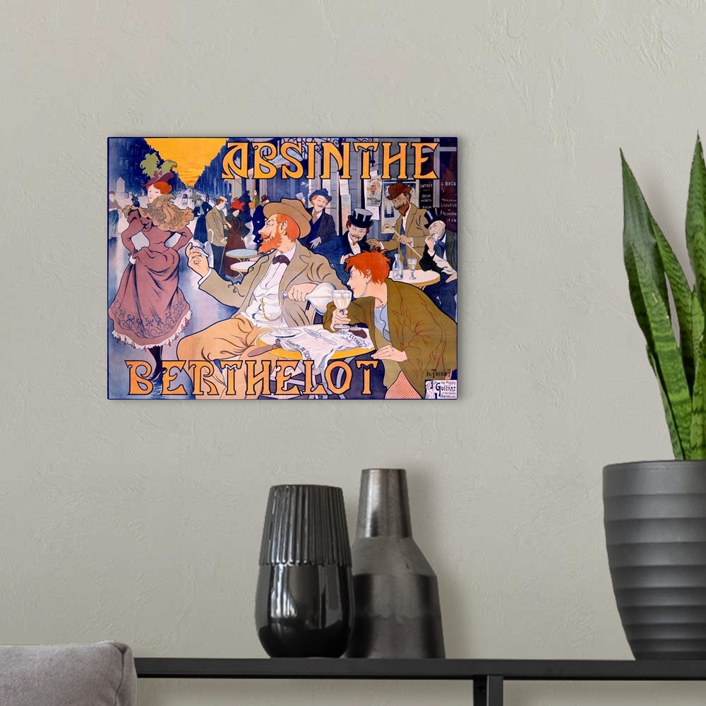 A modern room featuring Big canvas print of a cartoon poster of men drinking in the outside area of a restaurant looking ...
