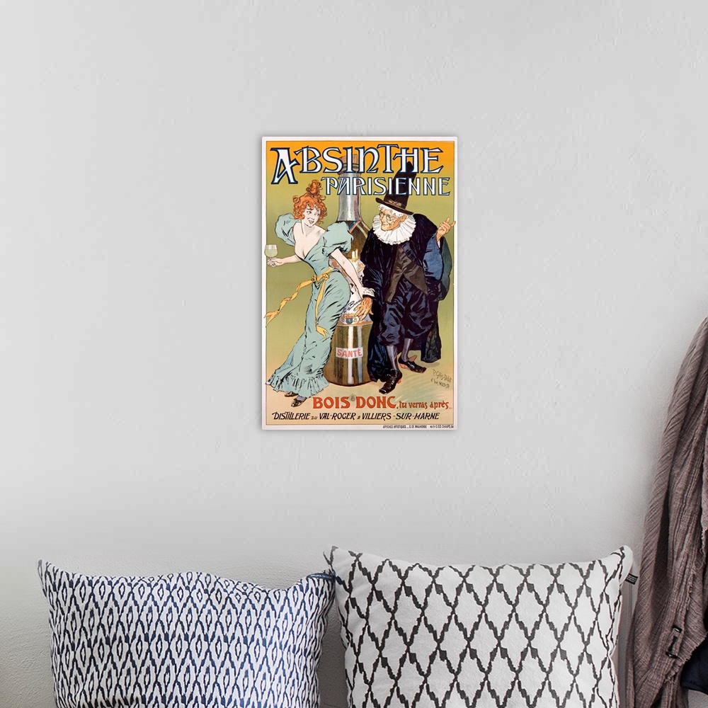 A bohemian room featuring Vertical, large vintage advertisement for Absinthe Parisienne of a young woman in a dress holding...