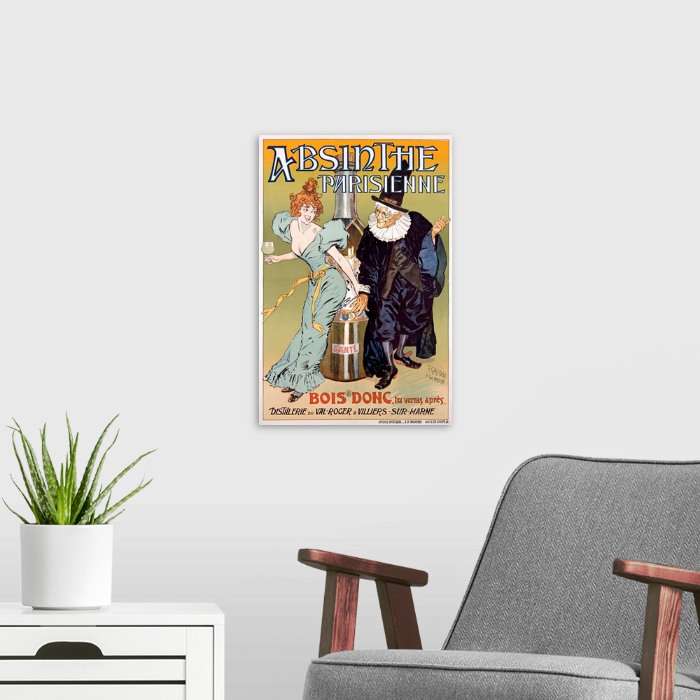 A modern room featuring Vertical, large vintage advertisement for Absinthe Parisienne of a young woman in a dress holding...