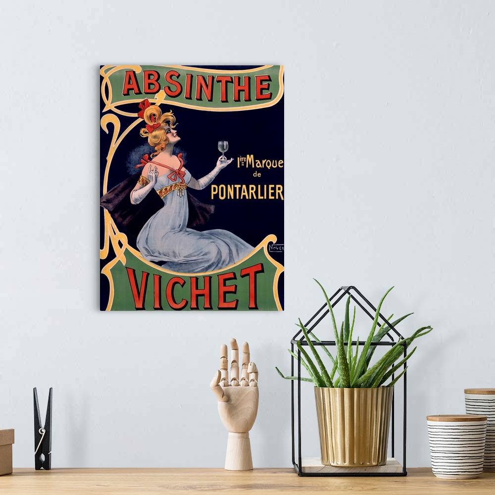 A bohemian room featuring Classic advertisement for Absinthe Vichet featuring a lovely blonde woman in a dress and gloves h...
