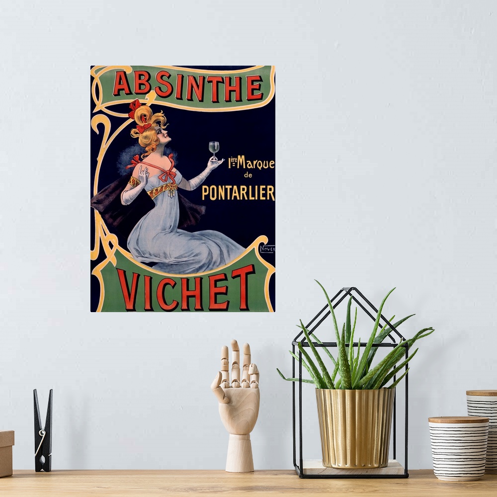 A bohemian room featuring Classic advertisement for Absinthe Vichet featuring a lovely blonde woman in a dress and gloves h...
