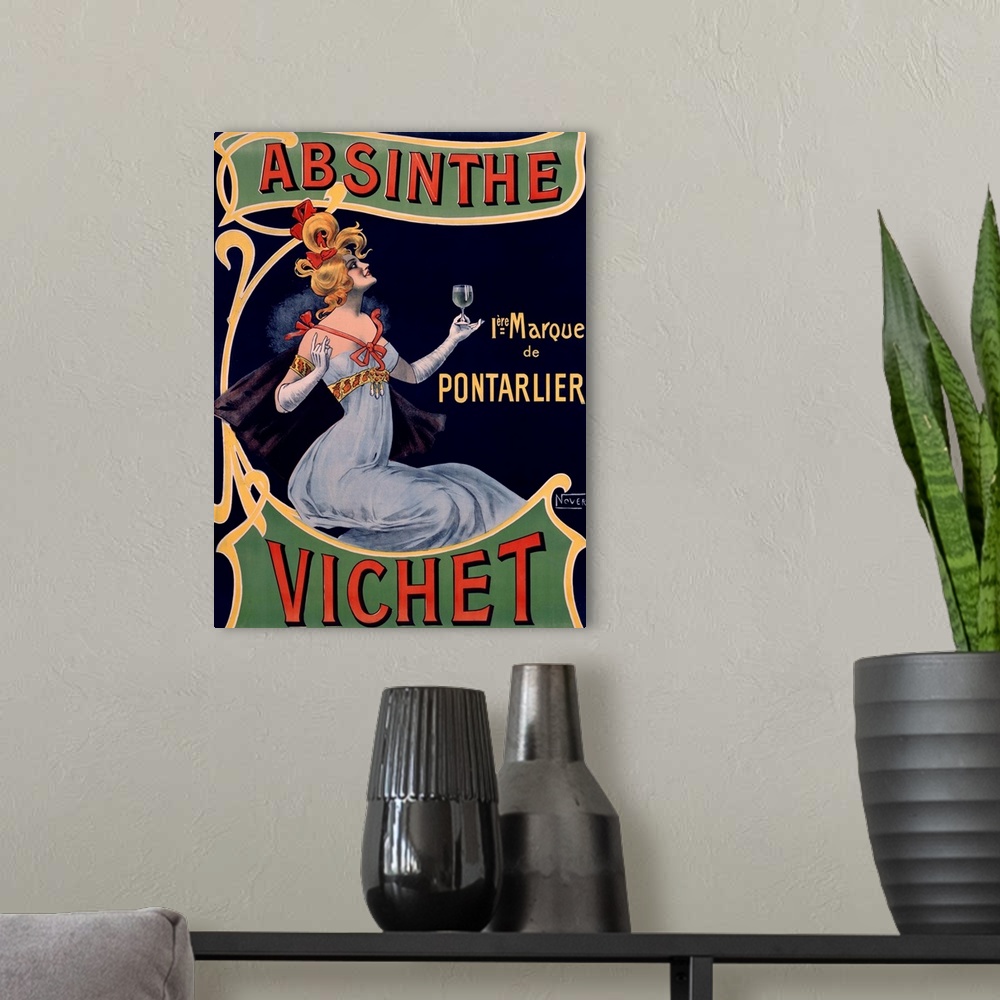 A modern room featuring Classic advertisement for Absinthe Vichet featuring a lovely blonde woman in a dress and gloves h...