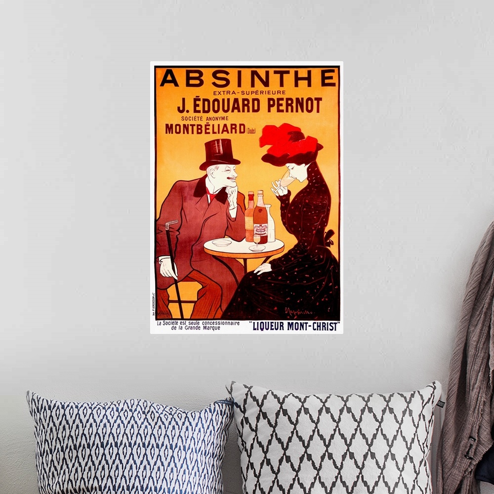 A bohemian room featuring Old advertising poster with a man in a top hat grinning at the lady sipping a glass of wine that ...