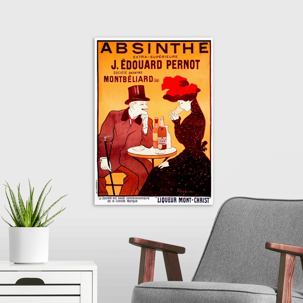 A modern room featuring Old advertising poster with a man in a top hat grinning at the lady sipping a glass of wine that ...