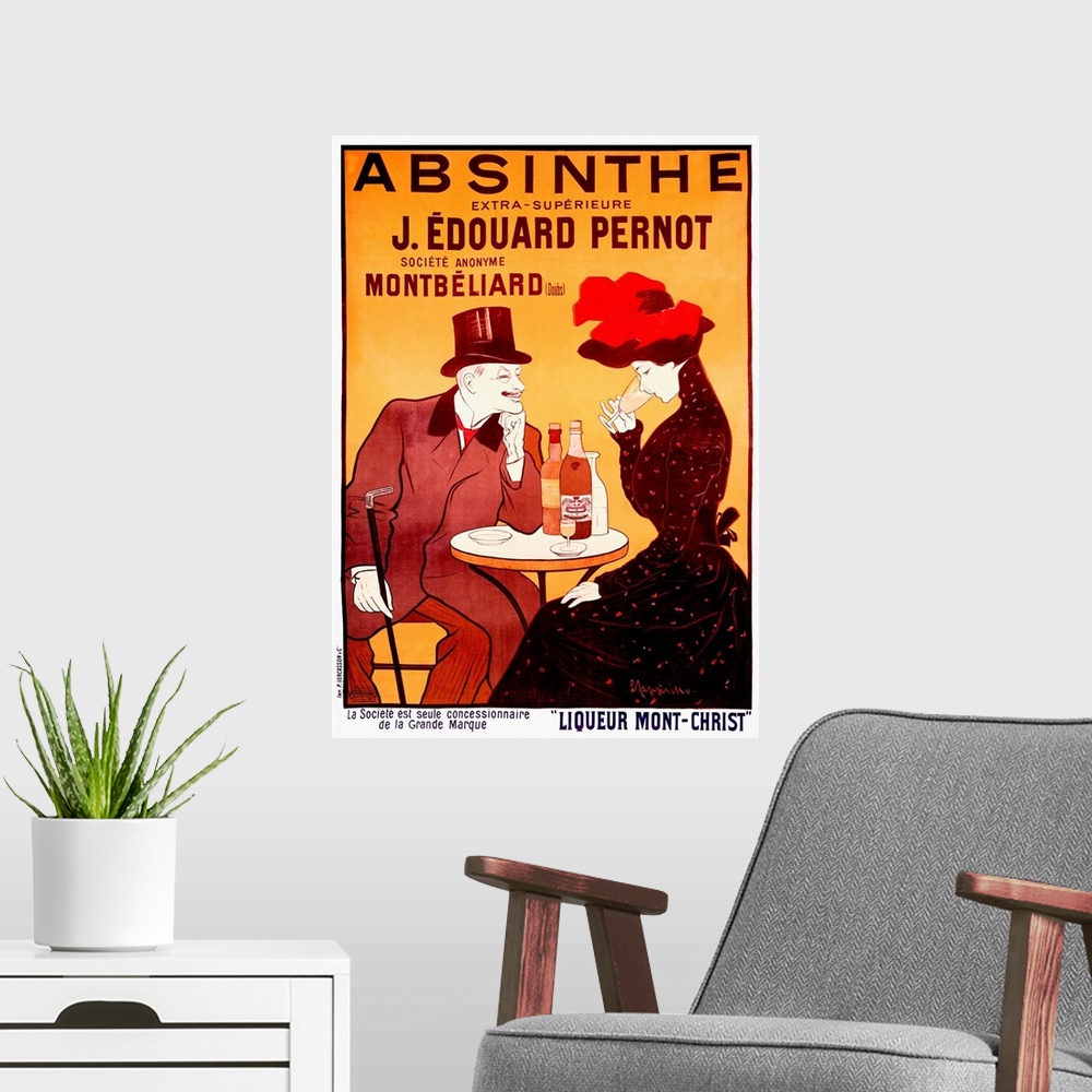 A modern room featuring Old advertising poster with a man in a top hat grinning at the lady sipping a glass of wine that ...