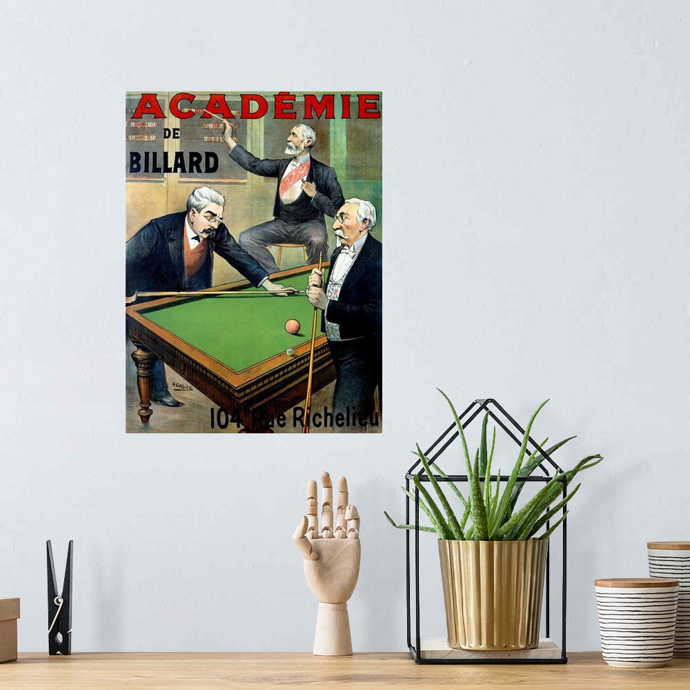 A bohemian room featuring Vertical, vintage advertisement with the text "Academie de Billard" of two men playing pool, whil...